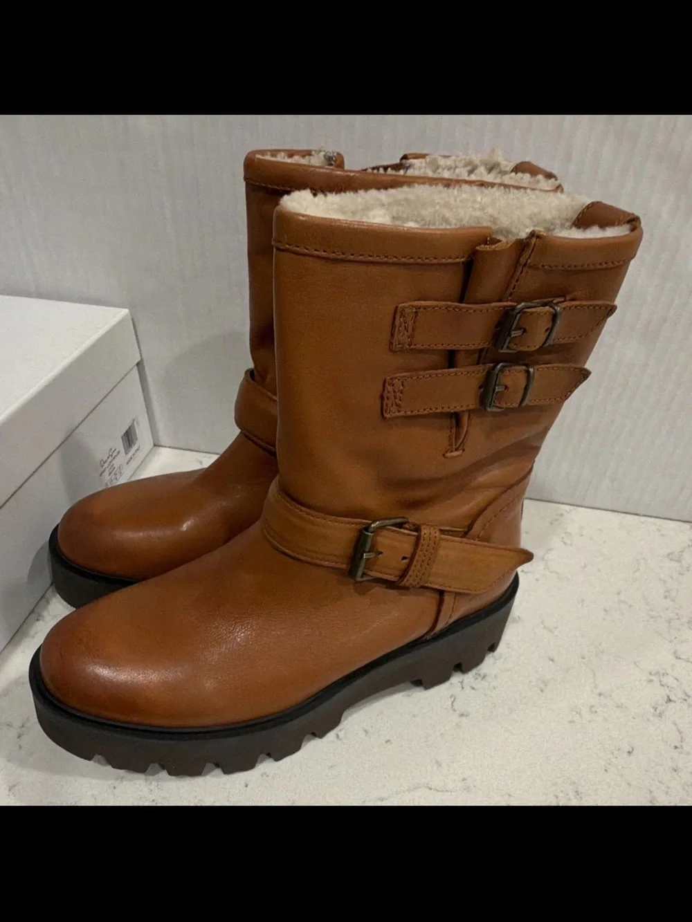 Ross & Snow Lucky Waterproof Cognac Leather Moto Ankle Boots Womens Size 7 Brown